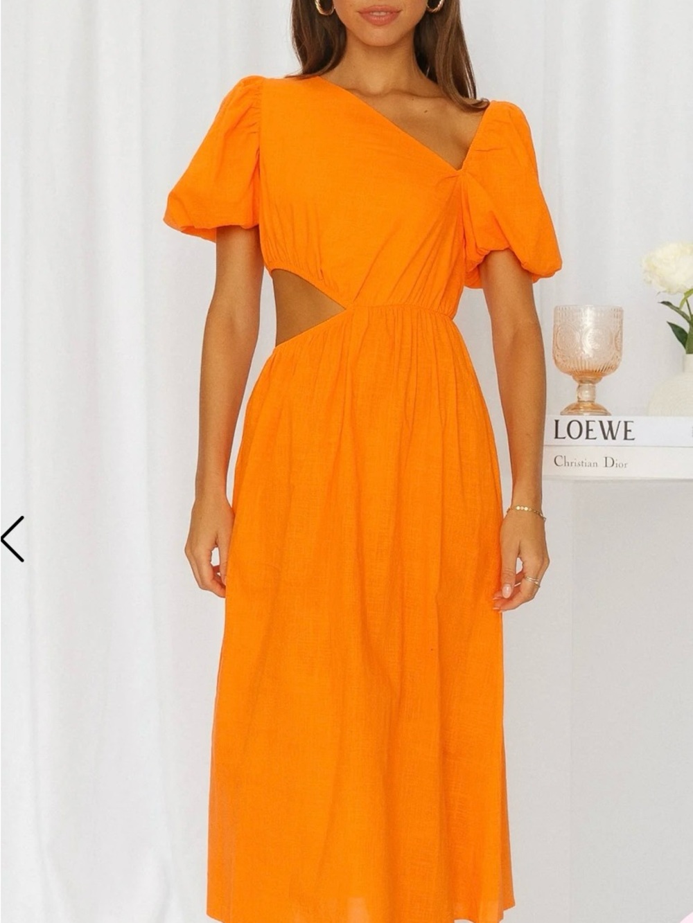 Hello Molly Orange Cutout Puff-Sleeve Midi Dress